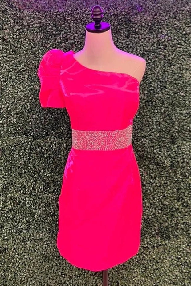 Fuchsia  Beaded One-Shoulder Short Sleeves Sheath Satin Short Homecoming Dresses