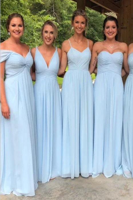 Sky Blue A-Line Chiffon Floor-Length Bridesmaid Dresses