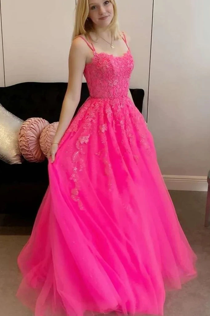 Chic Criss Cross Straps A-Line Tulle Prom Formal Dresses with Appliques