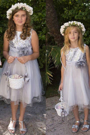 A-Line Jewel Neck Sequin Tulle Flower Girl Dresses with Flower