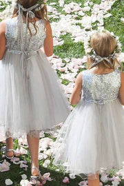 A-Line Jewel Neck Sequin Tulle Flower Girl Dresses with Flower