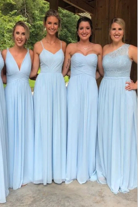 Sky Blue A-Line Chiffon Floor-Length Bridesmaid Dresses