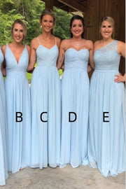 Sky Blue A-Line Chiffon Floor-Length Bridesmaid Dresses