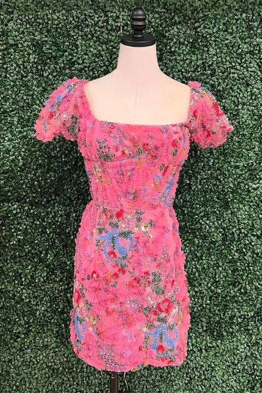 Hot Pink Square-Neck Floral Print Short Homecoming Dress