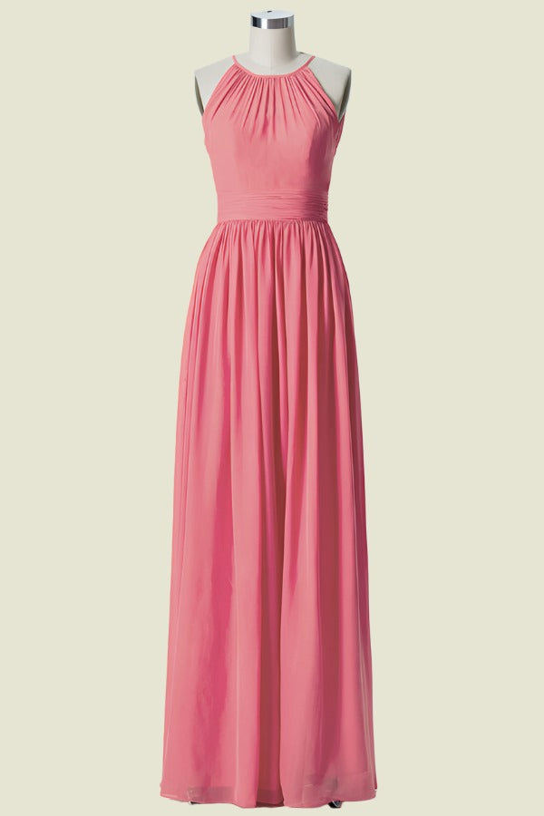 Watermelon Crew Neck Sleeveless A-Line Chiffon Bridesmaid Dresses