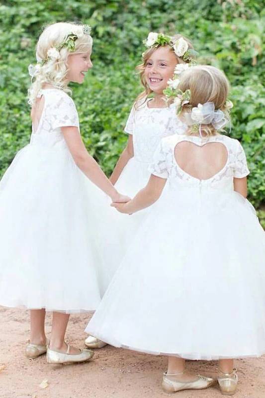 Tea-Length Backless Ball Gown Tulle Flower Girl Dresses