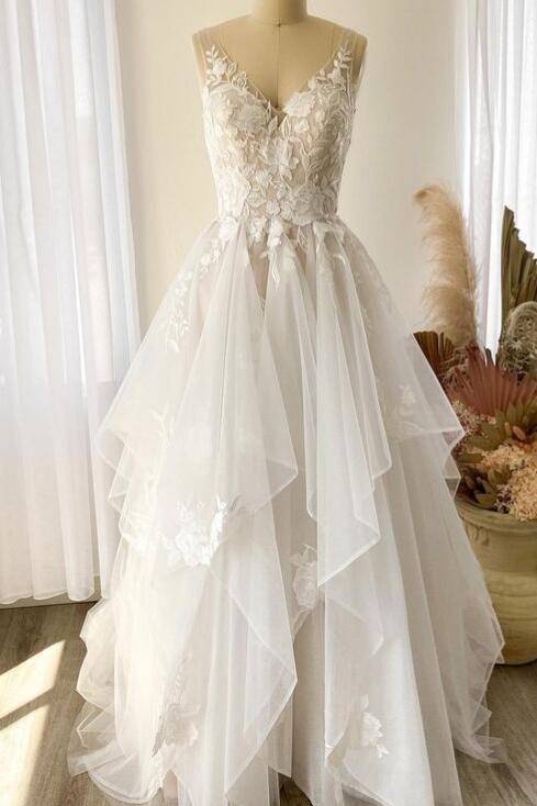 White Asymmetrical V-Neck Sleeveless Long A-Line Wedding Dresses with Appliques