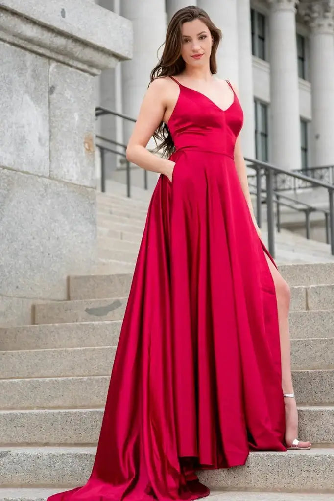 Red Long A-Line V-Neck Split Front Satin Formal Dresses with Pockets