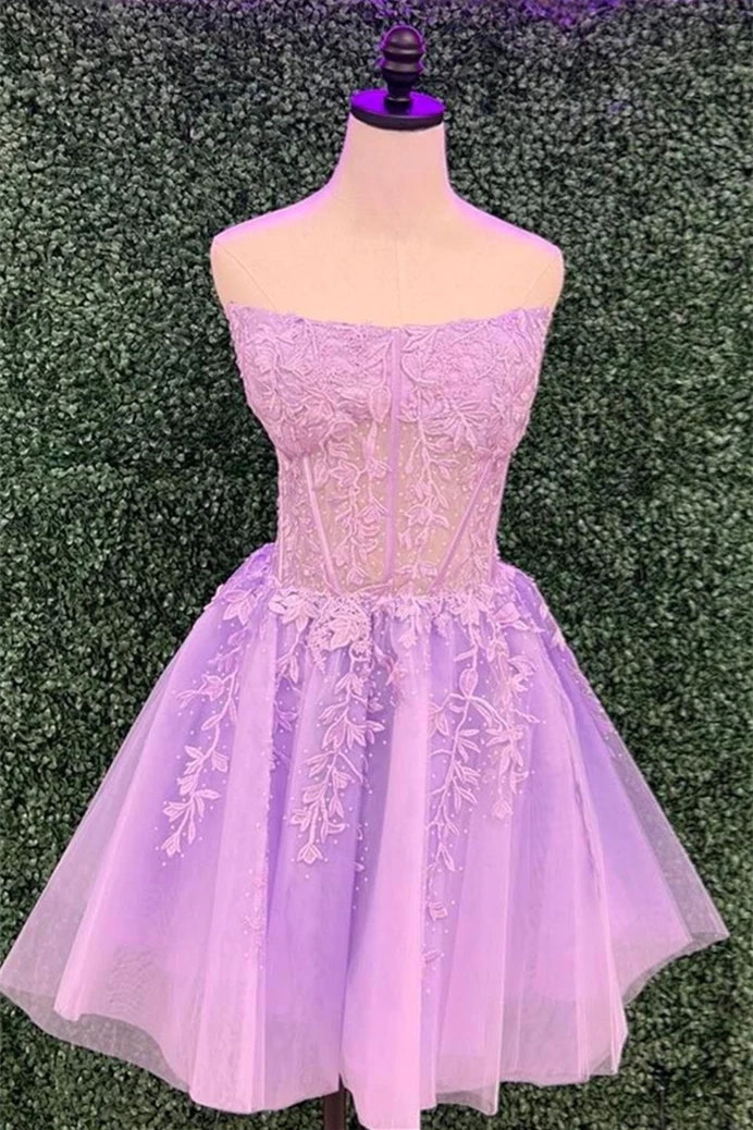 Lilac Strapless A-Line Short Tulle Homecoming Dresses with Appliques