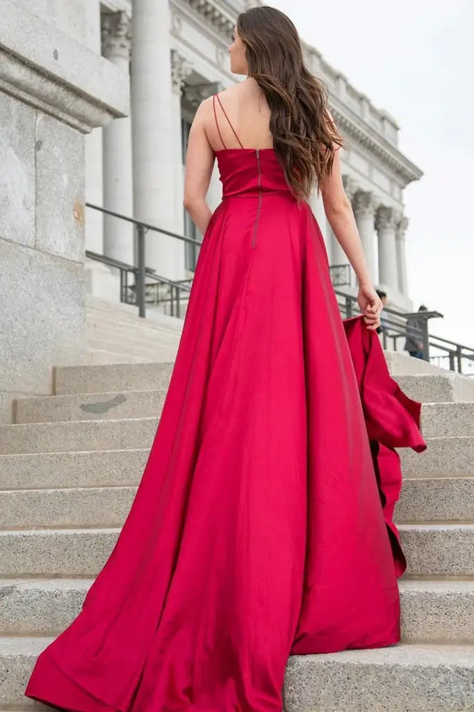 Red Long A-Line V-Neck Split Front Satin Formal Dresses with Pockets