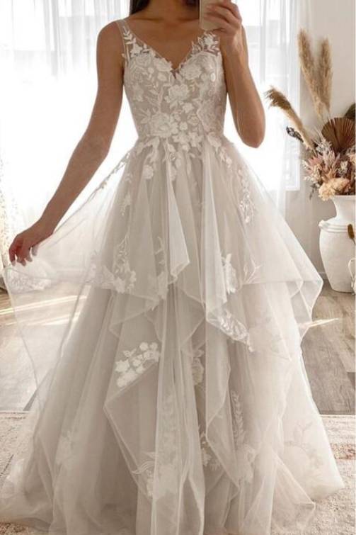 White Asymmetrical V-Neck Sleeveless Long A-Line Wedding Dresses with Appliques