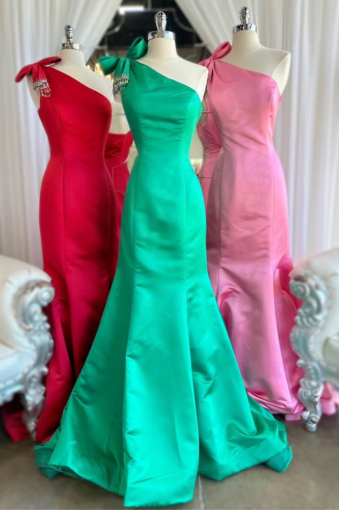 Emerald Bow Tie One-Shoulder Long Mermaid Satin Prom Dresses