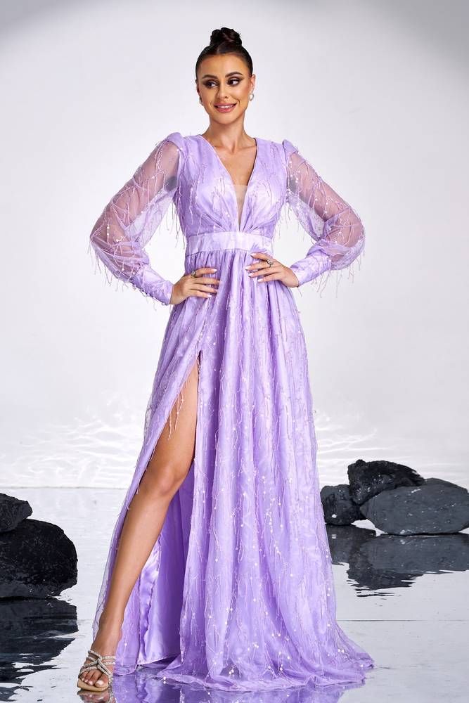 Purple V-Neck Split Front A-Line Tulle Evening Dresses with Beading