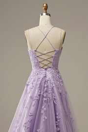 Lilac Criss Cross Straps A-Line Tulle Party Dresses with Appliques