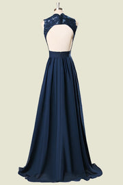 Dark Navy V-Neck A-Line Sleeveless Backless Chiffon Long Bridesmaid Dresses with Appliques