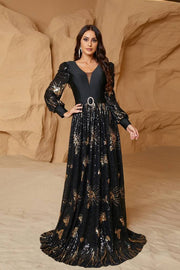 Black A-Line V-Neck Long Sleeves Sequin Formal Evening Dresses