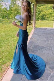 Ink Blue Trendy V-Neck Strapless Long Mermaid Satin Prom Dresses with Slit