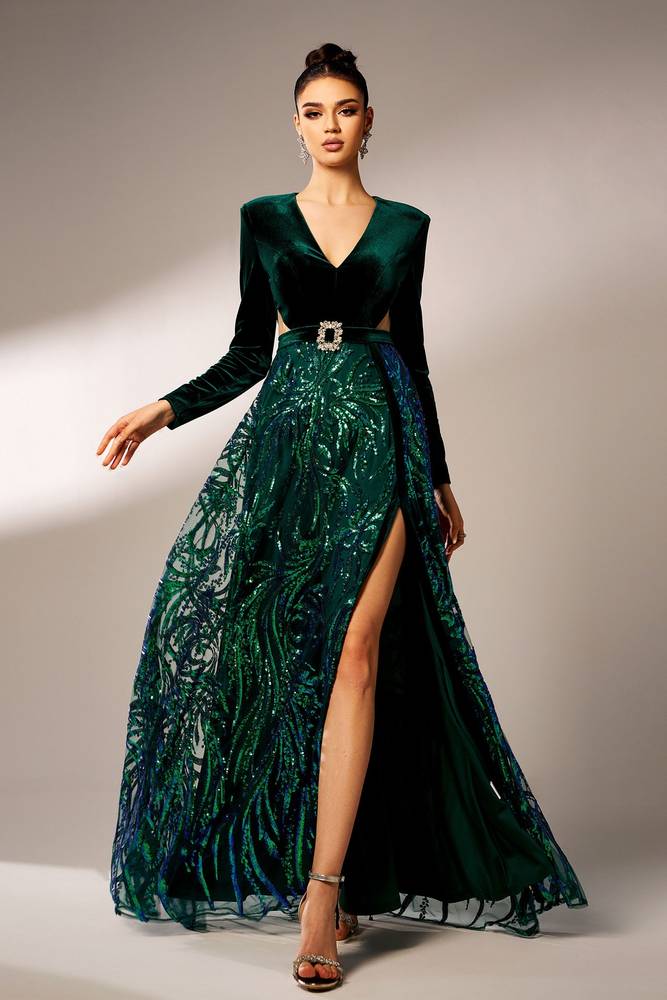 Dark Green Sequined V-Neck A-Line Velvet Evening Prom Dresses Long Sleeves with Slit