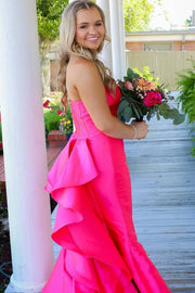 Fuchsia Strapless Mermaid Satin Long Prom Dresses with Ruffles