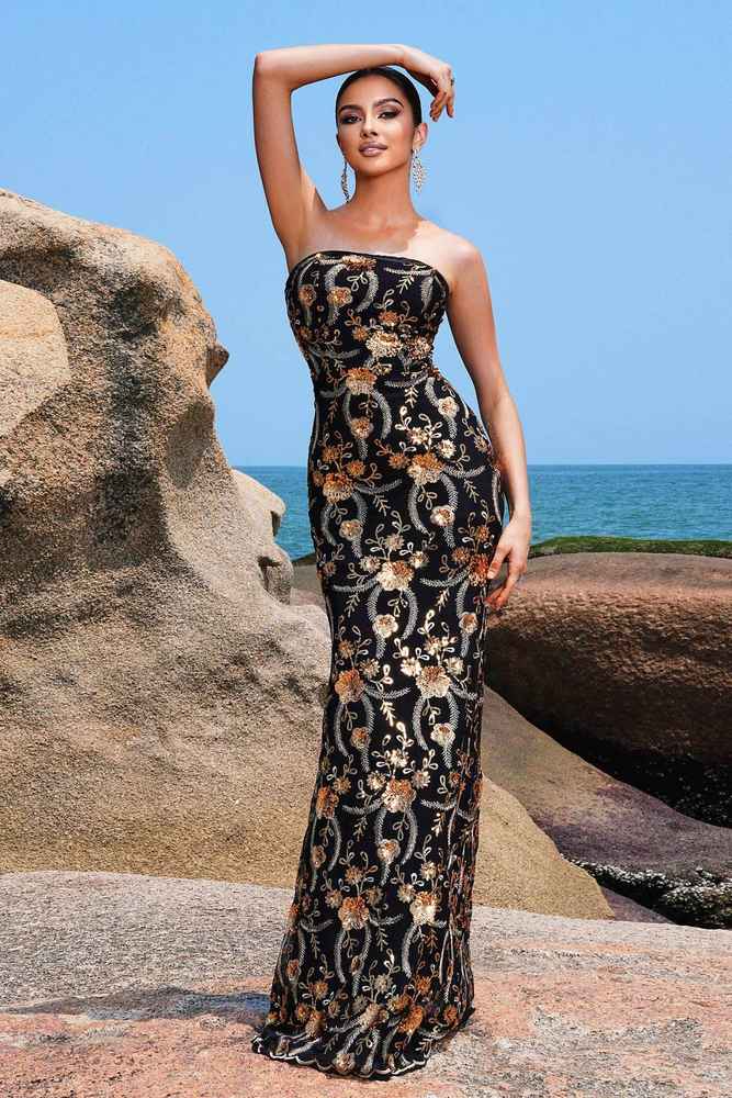 Black Strapless Mermaid Sequin Floral Prom Evening Dresses