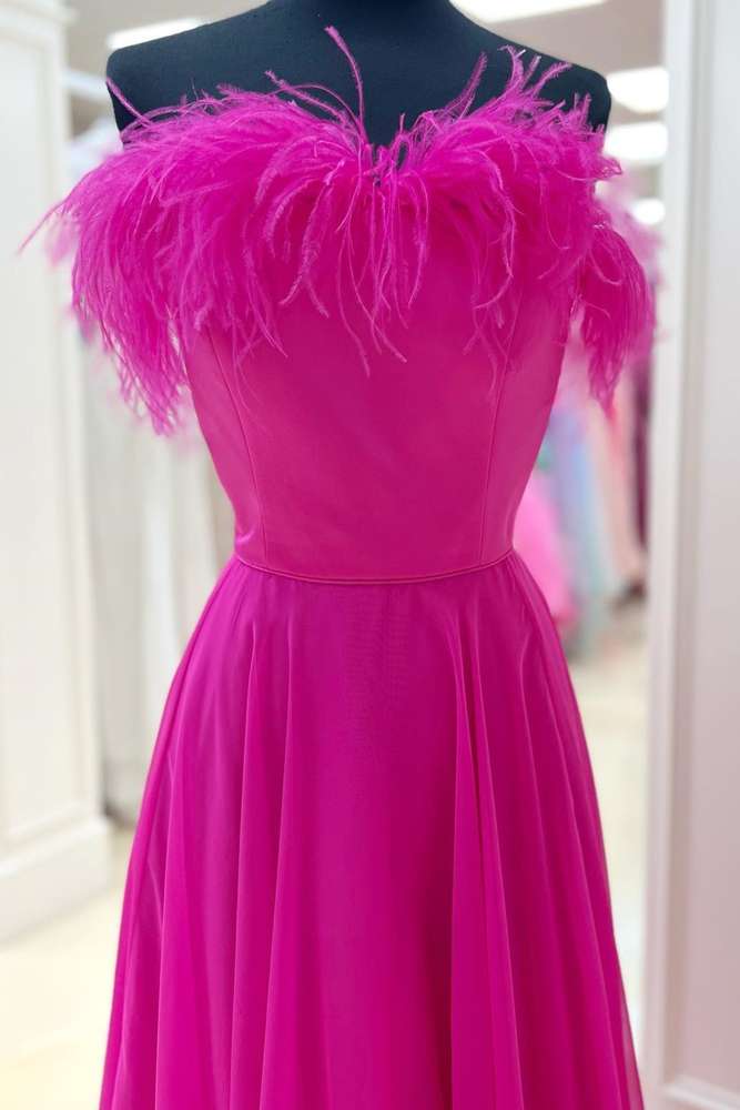 Fuchsia Strapless Sweetheart A-Line Long Prom Dresses with Fur