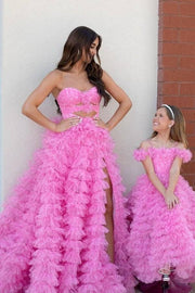 Tiered Sweetheart Split Front Long Tulle Prom Dresses