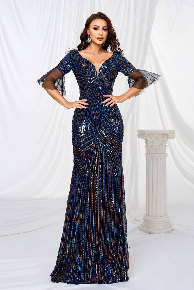 Sequined Mermaid V-Neck Short Sleeves Evening Dresses