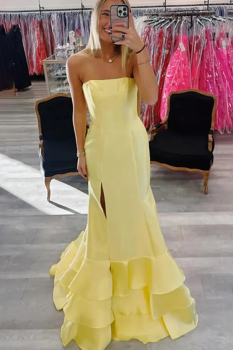 Yellow Strapless Split Front Mermaid Satin Prom Dresses with Ruffles