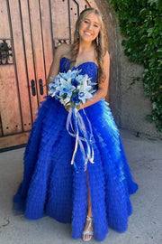 Royal Blue Split Front Tiered Tulle Formal Party Dresses with Beads