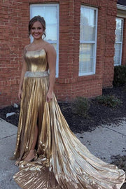 Gold Long A-Line Strapless Satin Prom Dresses with Ruffles