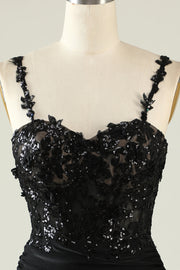 Black Sequins Short Homecoming Dresses Satin Spaghetti Straps with Appliques