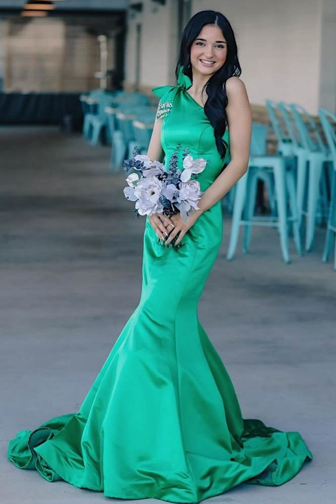 Emerald Bow Tie One-Shoulder Long Mermaid Satin Prom Dresses