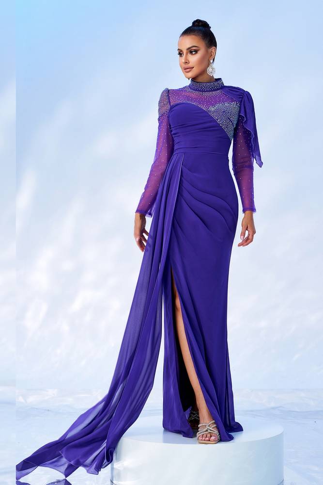 High Neck Long Sleeves Mermaid Sequin Tulle Prom Dresses with Slit