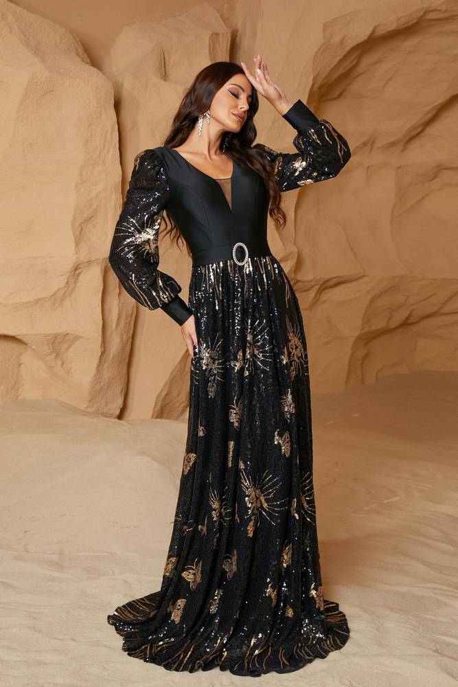 Black A-Line V-Neck Long Sleeves Sequin Formal Evening Dresses