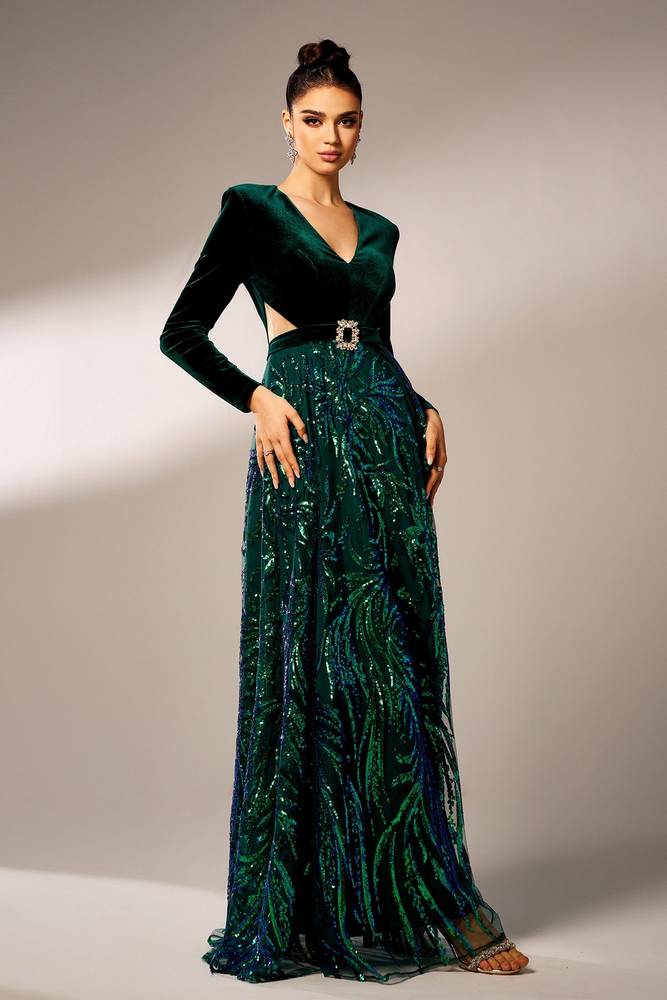 Dark Green Sequined V-Neck A-Line Velvet Evening Prom Dresses Long Sleeves with Slit