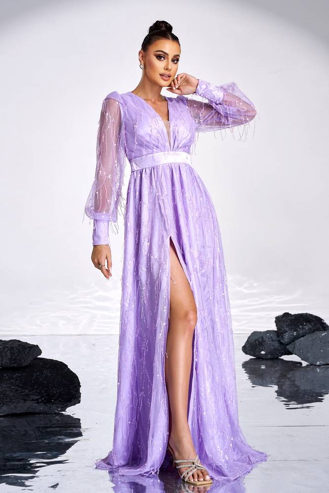 Purple V-Neck Split Front A-Line Tulle Evening Dresses with Beading