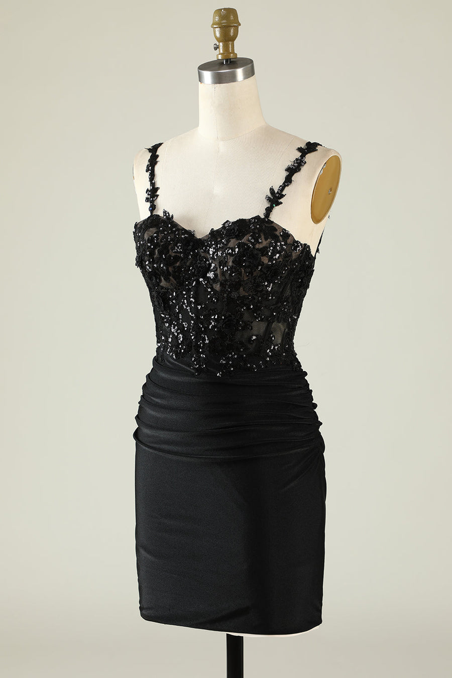 Black Sequins Short Homecoming Dresses Satin Spaghetti Straps with Appliques