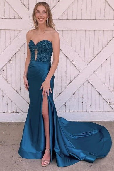 Ink Blue Trendy V-Neck Strapless Long Mermaid Satin Prom Dresses with Slit