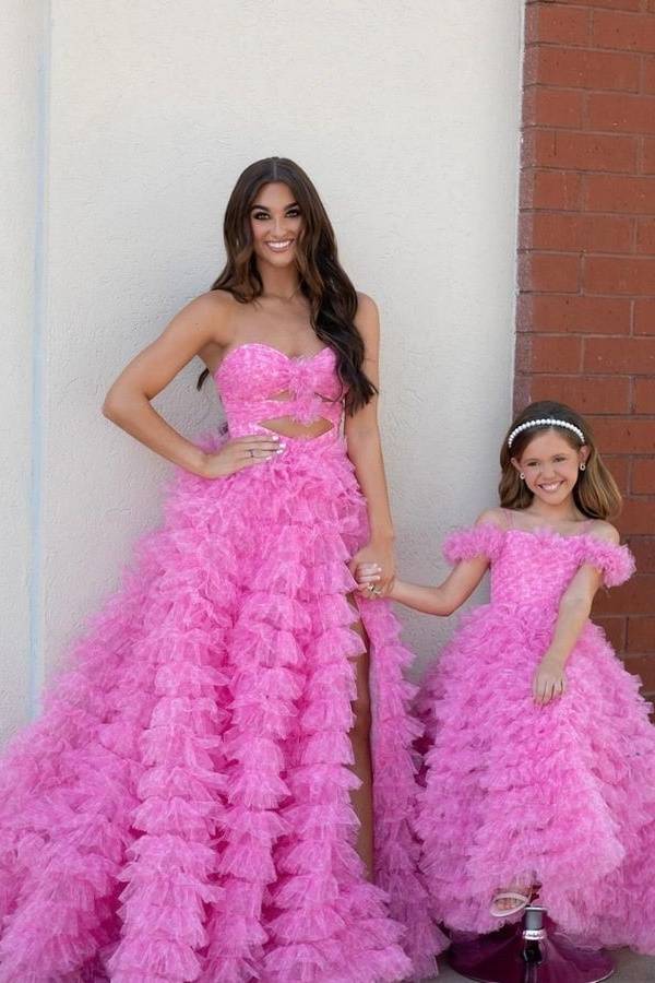 Tiered Sweetheart Split Front Long Tulle Prom Dresses