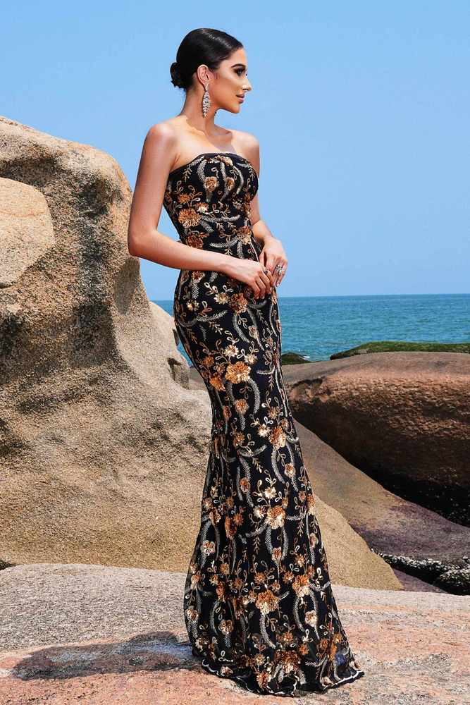 Black Strapless Mermaid Sequin Floral Prom Evening Dresses