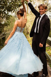 Sky Blue A-Line Tulle Strapless Prom Dresses with Appliques