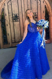 Royal Blue Split Front Tiered Tulle Formal Party Dresses with Beads