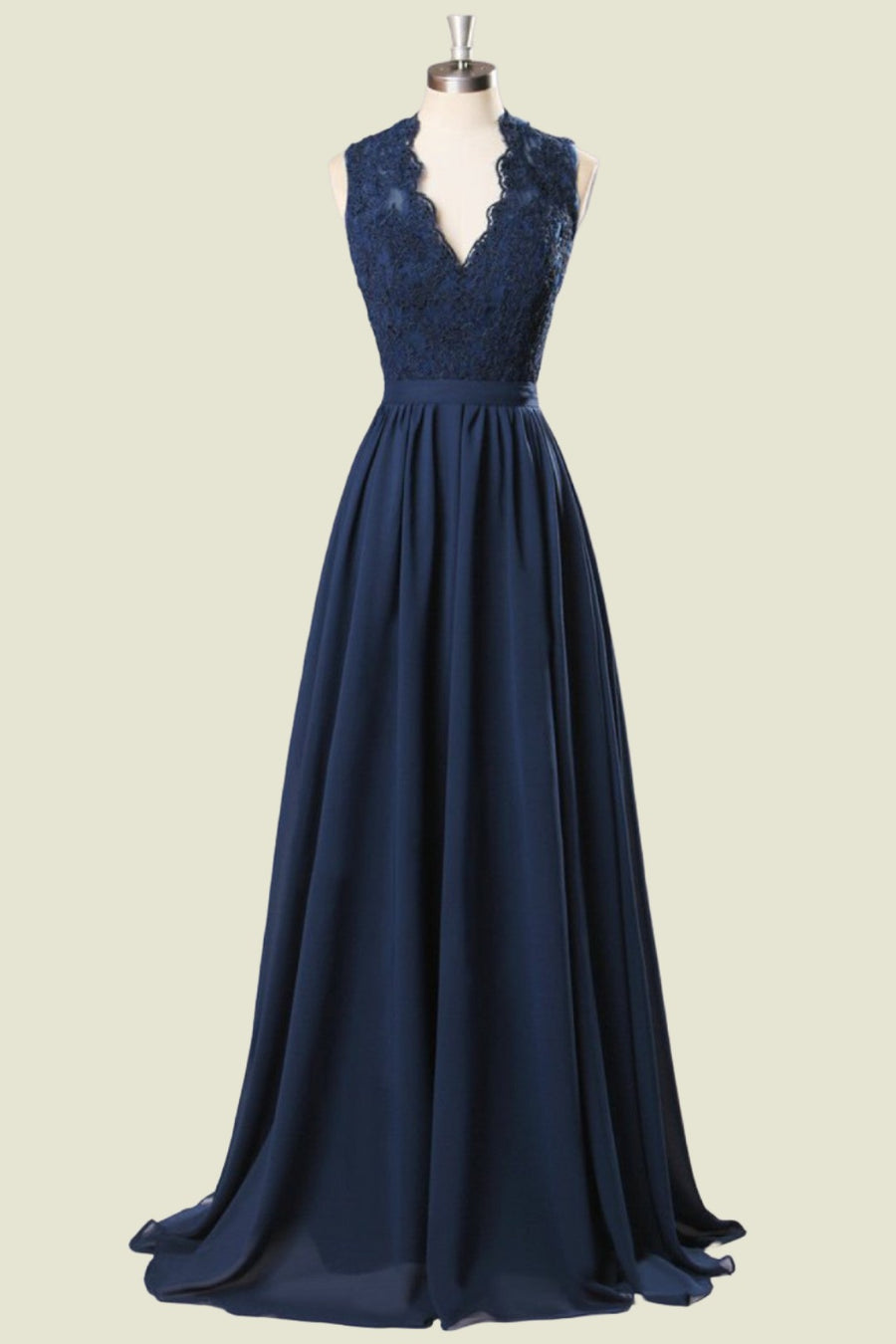 Dark Navy V-Neck A-Line Sleeveless Backless Chiffon Long Bridesmaid Dresses with Appliques