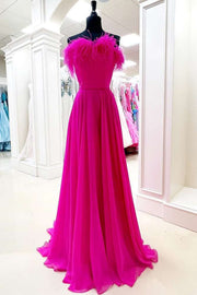 Fuchsia Strapless Sweetheart A-Line Long Prom Dresses with Fur