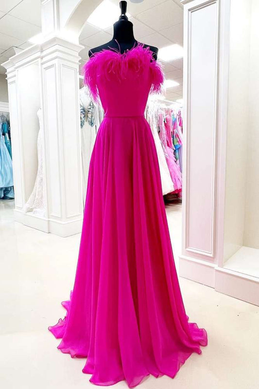 Fuchsia Strapless A Line Long Prom Dress with Feather Front Side