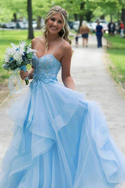 Blue V-Neck Sleeveless Tulle A-Line Formal Dresses with Appliques