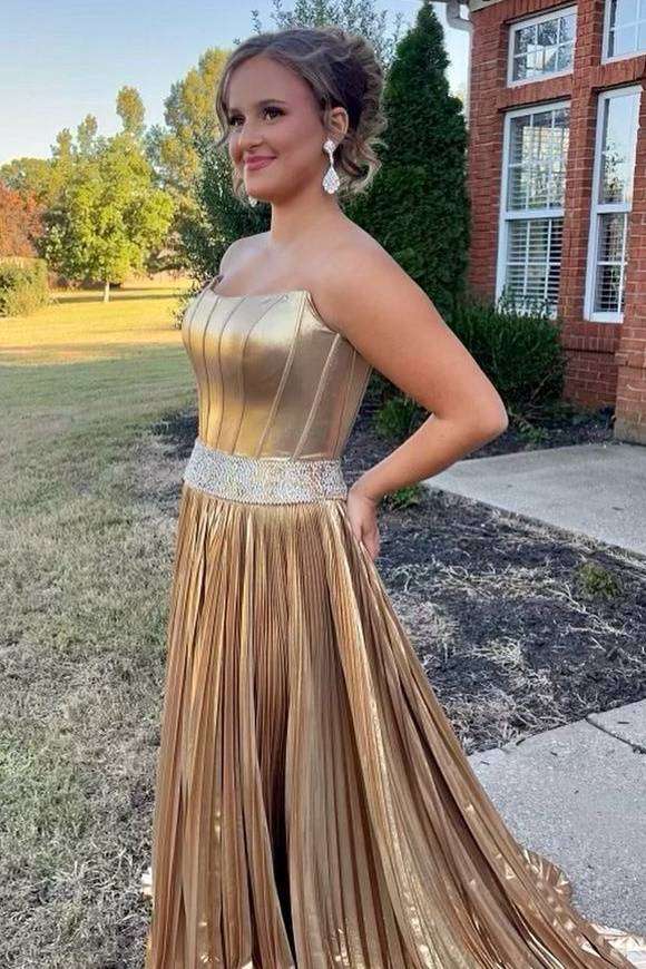 Gold Long A-Line Strapless Satin Prom Dresses with Ruffles