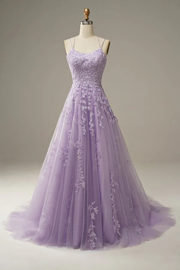 Lilac Criss Cross Straps A-Line Tulle Party Dresses with Appliques