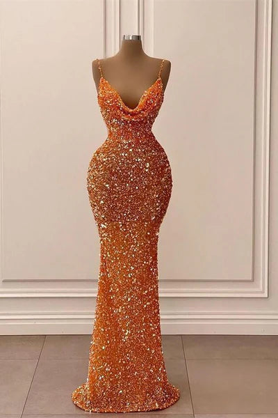 Orange Sequined Cowl Neck Sleeveless Mermaid Party Prom Dresses