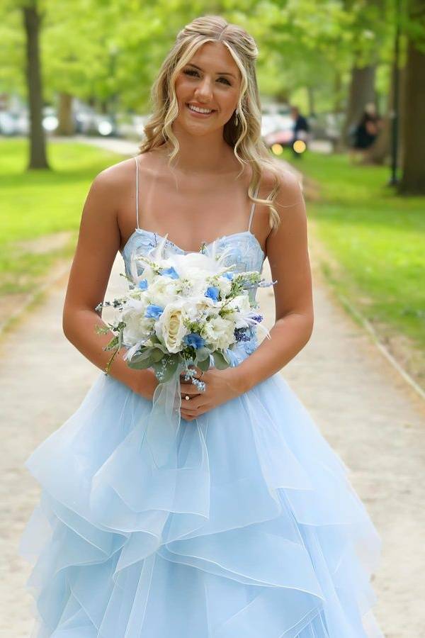 Blue V-Neck Sleeveless Tulle A-Line Formal Dresses with Appliques